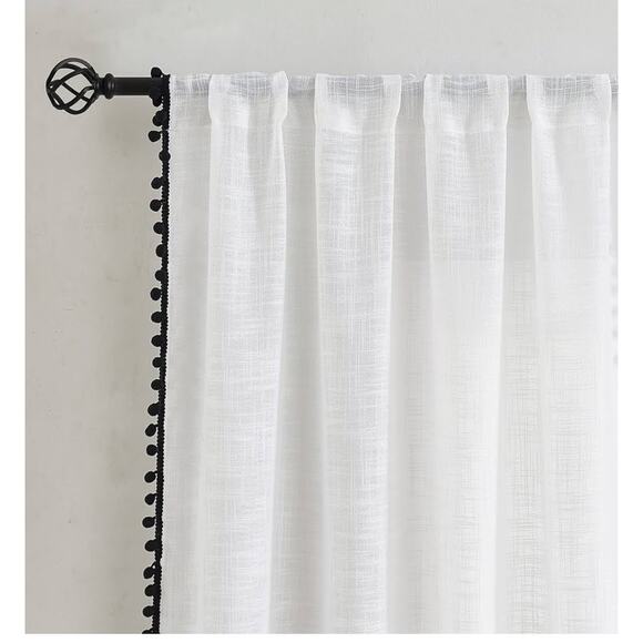 VOILYBIRD Palma Pom Pom Curtains White W40xL84 Semi Sheer Wrinkle Free Set of 2 - Picture 4 of 10